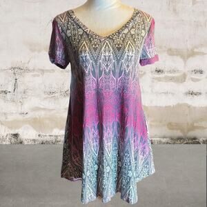 Viamor NWOT Women's Colorful V-Neck Short Sleeve Tunic Top W/Pockets-Size Small